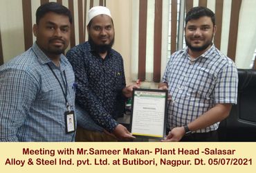 Received appreciation letter from Mr. Sameer Makan Plant Head- Salasar Alloy & Steel Ind. Pvt. Ltd. at Butibori, Nagpur Dt. 05-07-2021